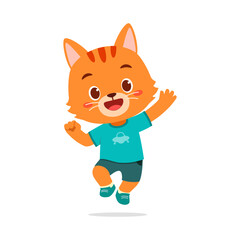 Cartoon orange cat jumping with cheerful expression, wearing blue shirt and dark gray short pants