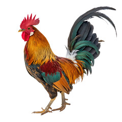 Fototapeta premium A beautiful colorful rooster with vibrant feathers crowing in the morning isolated on a transparent background png