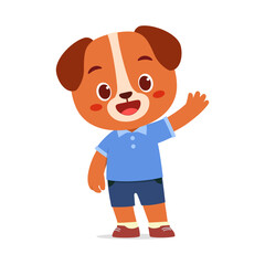 Cartoon dog character waving with a cheerful expression wearing blue shirt and short pants illustration