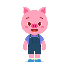 Cartoon Pink Pig Standing Upright Wearing Blue Overalls and Shirt Smiling