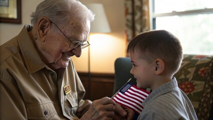 Tender moment captured inside a nursing home, with elder and child connecting during Fourth of July, symbolizing generations, care, and national heritage