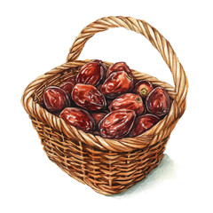 Date Fruit Basket, watercolor illustration vector, isolated on a white background.