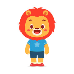 Cute Lion Cartoon Character Wearing Blue Shirt and Dark Blue Shorts Smiling and Standing Straight
