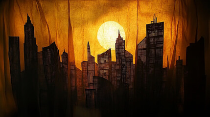 Glowing Cityscape Cutout with Warm Light