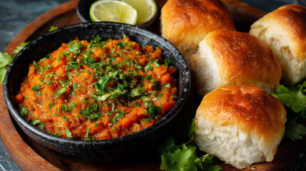 Spicy Pav Bhaji Served with Fresh Pav and Herbs