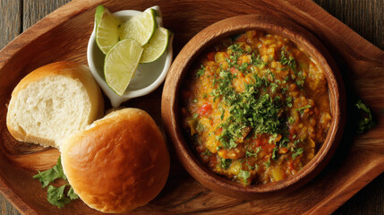 Spicy Pav Bhaji Served with Fresh Pav and Herbs