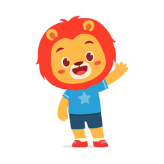 Cute Cartoon Lion Cub Waving Hello and Smiling with a Star T Shirt isolated on White