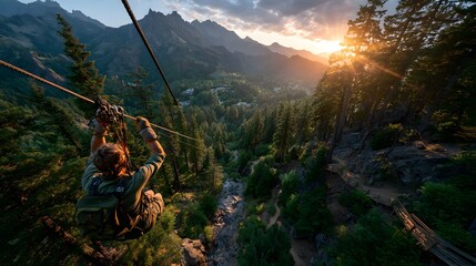 Zipline-Fahrt über alpine Landschaft bei Sonnenuntergang – Action pur
