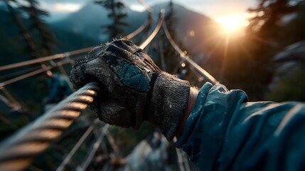 Nahaufnahme einer Hand am Stahlseil – Abenteuer in der Natur

