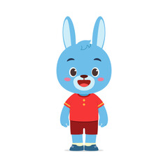 Cute Blue Bunny Standing Upright with Red Shirt and Shorts Cartoon Character Illustration
