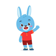 Cartoon blue rabbit waving hello, smiling, wearing red shirt and shorts in cheerful illustration