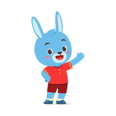 Cute Blue Rabbit Cartoon Character Waving Hand Wearing Red T-shirt and Short Illustration