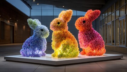 Colorful floral bunnies in a shopping center