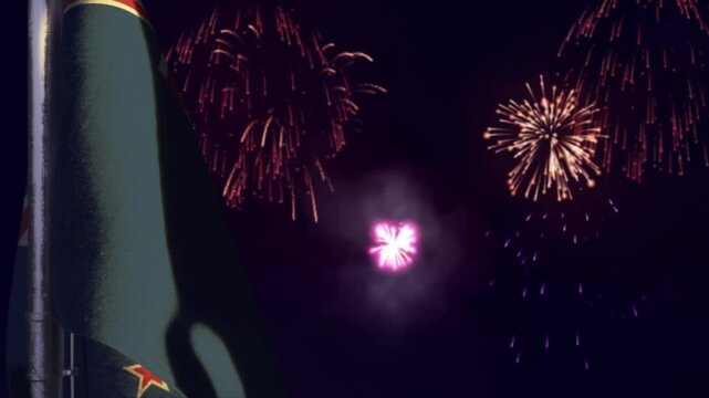 hanging New Zealand flag on firework sky bokeh background