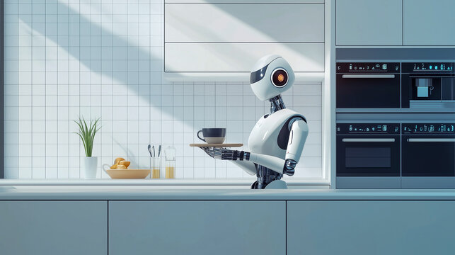 Humanoid robot assistant serving coffee in a kitchen.