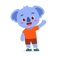 Cartoon koala waving hello with a smile, wearing orange shirt and brown shorts on white background.