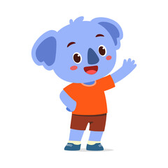 Cute Cartoon Koala Waving Hand with Happy Expression Standing Isolated on White Background