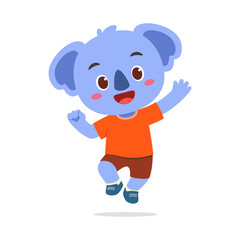 Happy Cartoon Koala Jumping with Joy and Waving its Hand in the Air on Isolated White