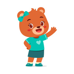 Cute Cartoon Bear Character Waving Hand and Smiling in Turquoise Dress and Navy Blue Skirt