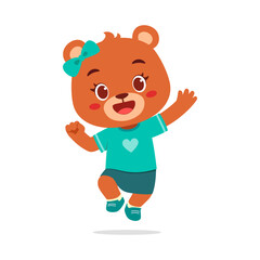 Cute Brown Bear Cartoon Character Jumping with Joy Wearing Bow and Heart on White Background
