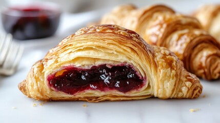 Delicious flaky croissant filled with sweet berry jam, cut in half, revealing its rich filling.