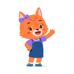 Cute Orange Cartoon Cat Girl in Overalls Smiling and Waving Hand Illustration