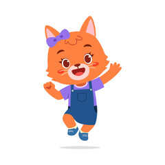 Cute Orange Cartoon Cat with Bow Tie Jumping with Joyful Expression in Full Body Illustration