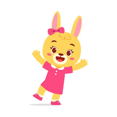Cute Cartoon Rabbit Character Waving with Joy and Wearing a Pink Dress and Bow