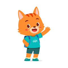 Cute Cat Character with Backpack Waving Hand and Smiling in Children Illustration Style