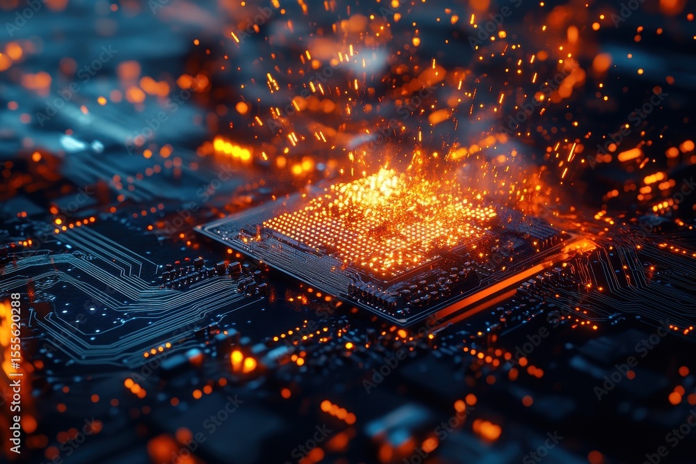 Poster futuristic circuit board showcases an exploding microchip amidst a vibrant display of sparks and ele
