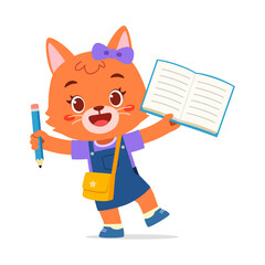 Happy cartoon fox girl holding book and pencil standing wearing dress
