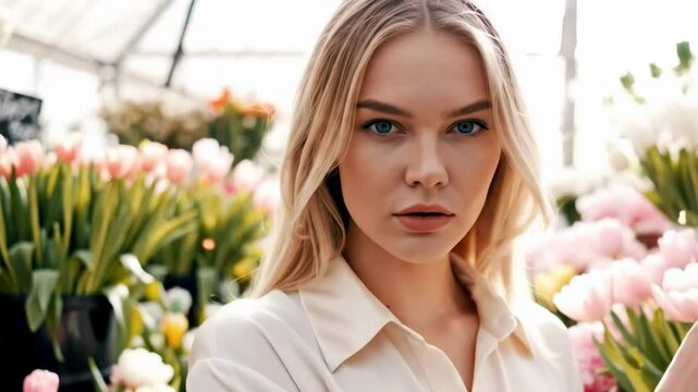 hot russian girl - A young woman with long blonde hair stands gracefully among vibrant tulips in a flower greenhouse, exuding elegance and serenity while showcasing the beauty of nature