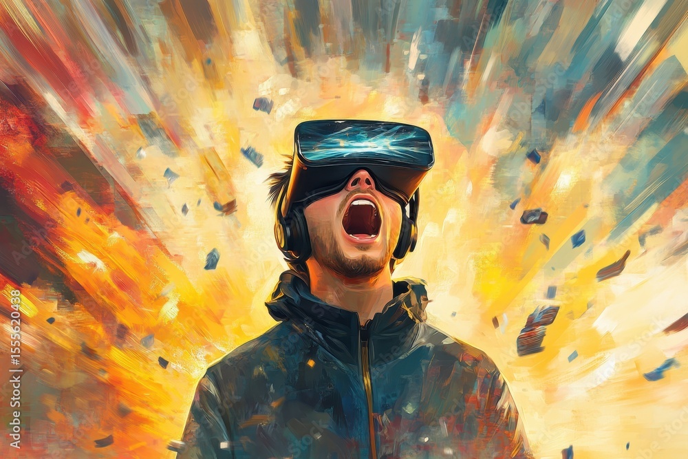 Poster surprised guy enjoying a virtual reality experience with mouth open amidst an explosion of colors an