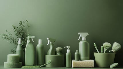 Eco-friendly cleaning supplies and natural elements arranged on a green background.