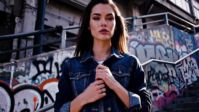 hot russian girl - A stylish woman in a denim jacket poses confidently on urban stairs adorned with colorful graffiti, capturing the essence of street fashion and youthful expression