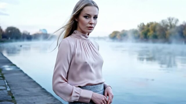 hot russian girl - A serene portrait of a young woman in a light blouse standing by a misty riverbank, with soft morning light illuminating her features and a tranquil landscape in the background