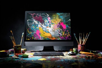 Digital art workspace with vibrant abstract painting on computer screen