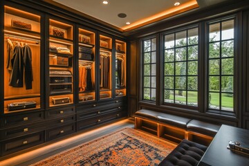 Fototapeta premium Luxurious vintage chic walk-in closet featuring rich wooden details and stylish displays for clothing and accessories in a serene home setting