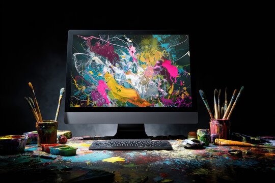 Digital art workspace with vibrant abstract painting on computer screen - Powered by Adobe