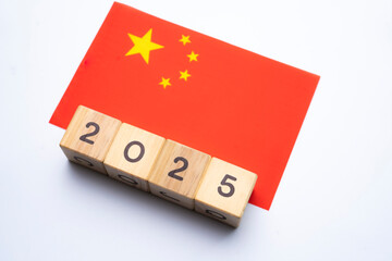 2025, China, China flag with date block, Concept, Important events for China in the new year,...