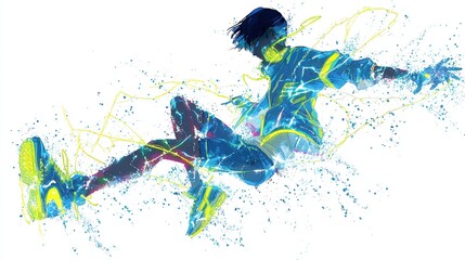 Dynamic figure levitates amidst vibrant bursts of color, energy, & motion