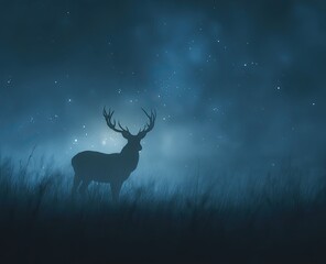 Silhouette of deer in a misty night landscape