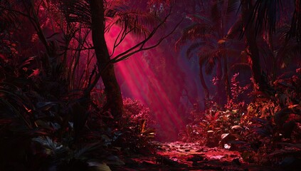 Fototapeta premium Deep, crimson jungle path illuminated by a mystical light