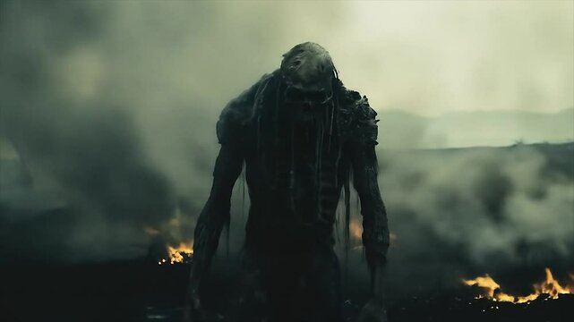 Scary monster in the night. Horror fantasy genre. Dark theme movie. Creepy video clip for Halloween. Spooky character from nightmares.