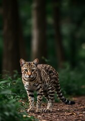 Obraz premium Majestic Ocelot Standing Proudly on a Forest Path, Its Distinctive Spotted Coat and Intense Gaze Capturing the Untamed Beauty of the Wild