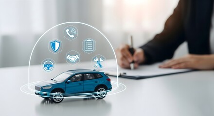 Car insurance, vehicle protection concept. Protect blue toy car under a glass dome with icon car care, insurance, and repair coverage covered automobile for financial security