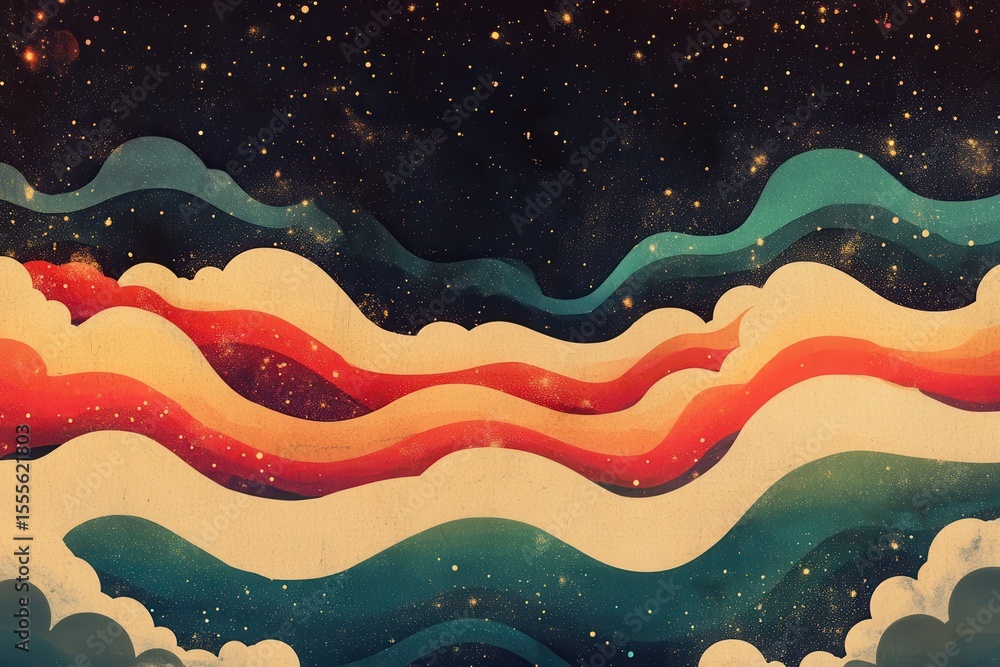 Poster retro sky pattern on aged paper featuring abstract waves and vibrant colors creating a dreamy and no