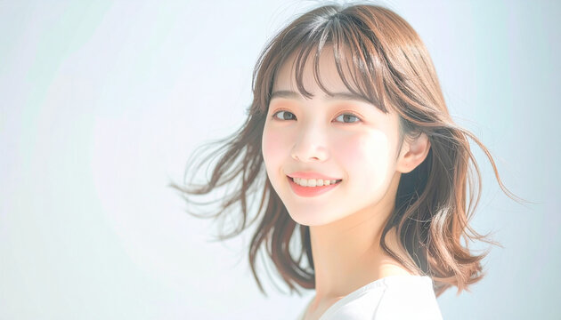 風になびく髪が印象的な優しい笑顔の10代日本人女性の横顔 &ndash; Side View of a Smiling Japanese Teen Girl with Wind-Blown Hair on a Blue Background