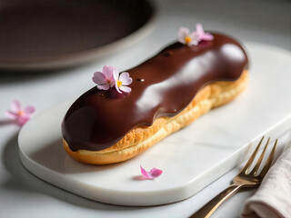 A chocolate eclair with pink flowers on a white marble board, next to a golden fork, in a restaurant