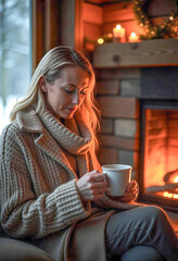 A caucasian woman, blonde hair, holding a cup of coffee, wearing a wool sweater, fireplace in the background, winter season